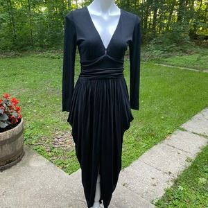 80's Black Harem Style Dress Low Cut Split Front